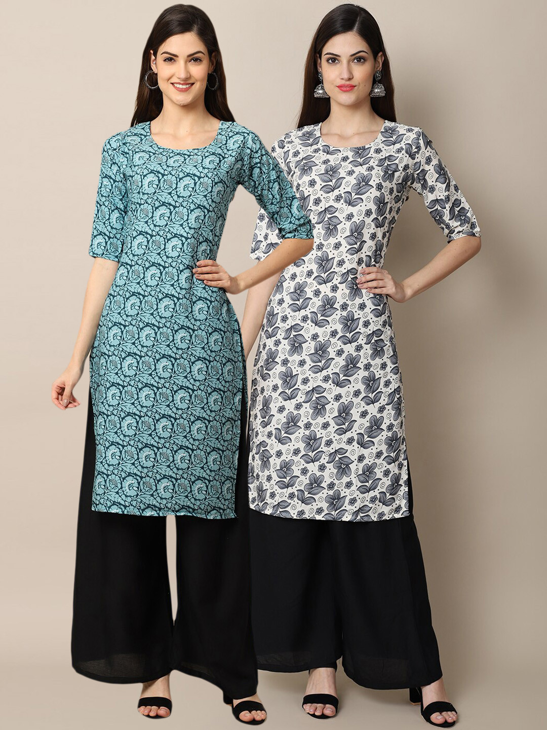 

Ethnic basket Women Pack Of 2 Blue & Grey Ethnic Motifs Printed Crepe Kurtas
