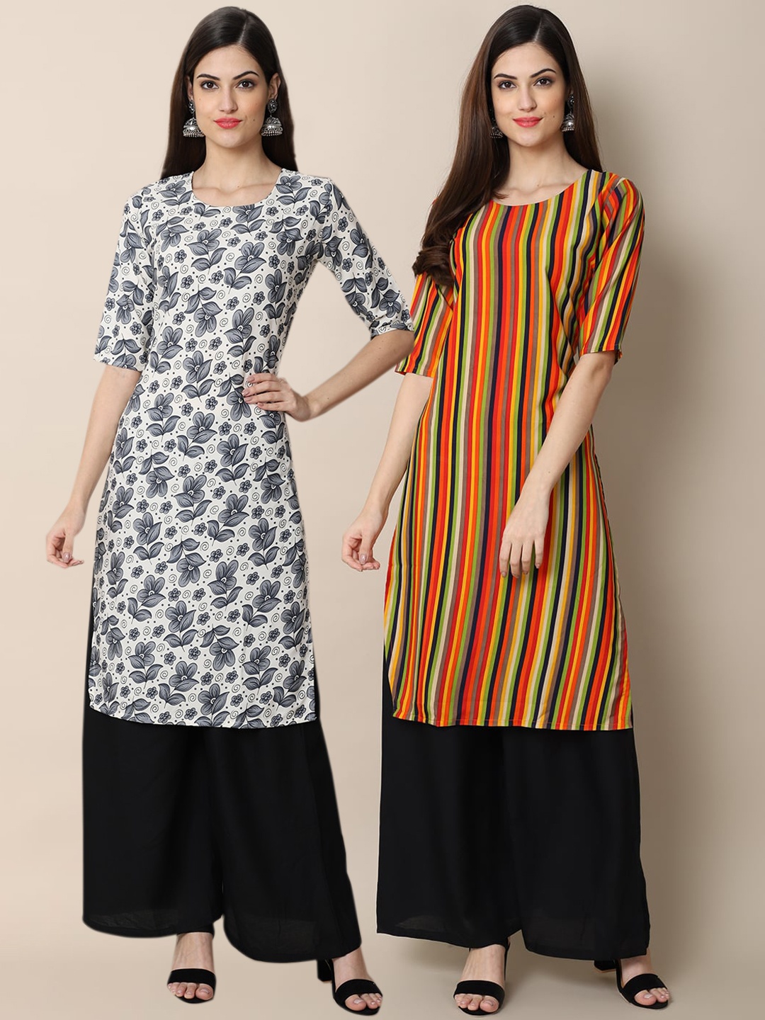 

Ethnic basket Women Pack Of 2 Grey & White Ethnic Motifs Printed Crepe Kurtas