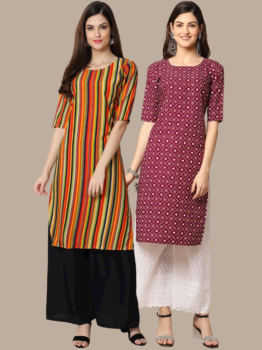 

Ethnic basket Women Maroon & Orange Geometric Printed Block Print Crepe Kurta Pack of 2