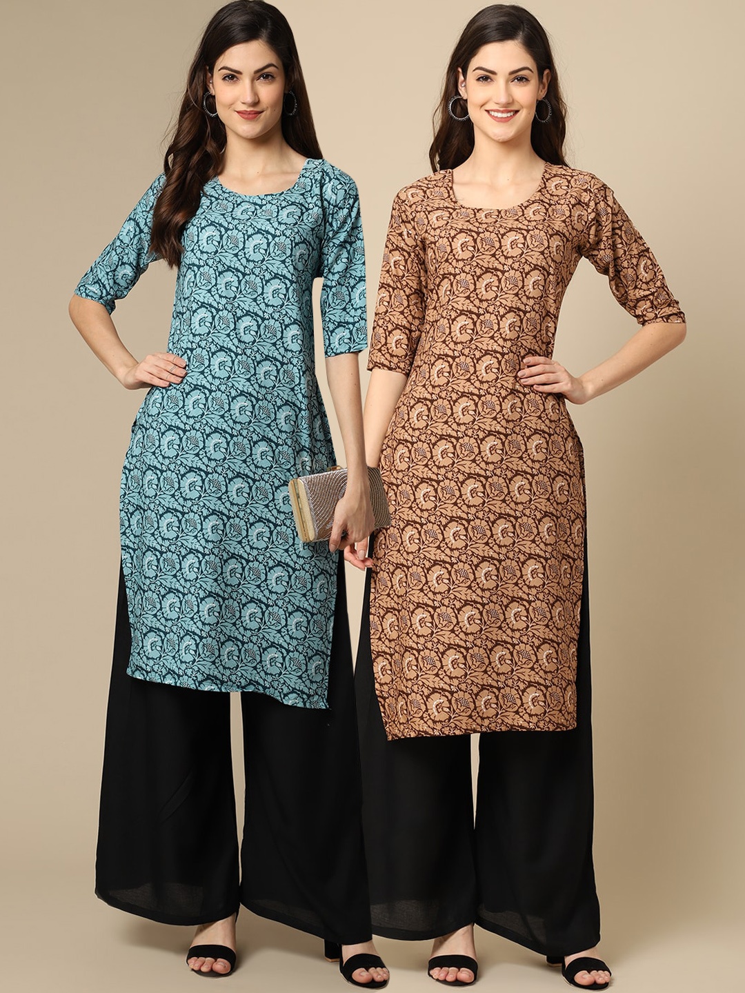 

Ethnic basket Women Blue & Brown Geometric Printed Block Print Crepe Kurta Pack of 2