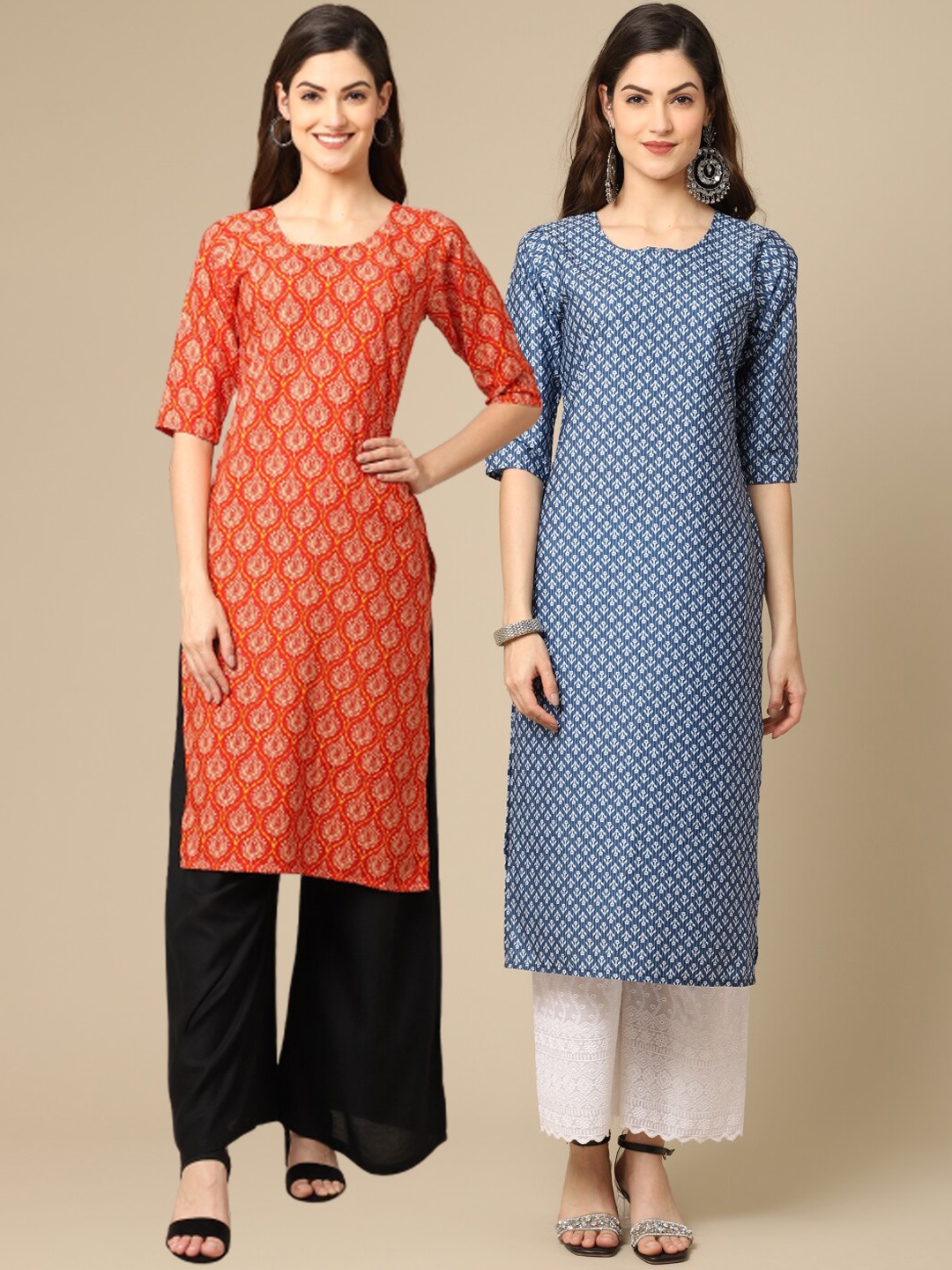 

Ethnic basket Women Pack Of 2 Orange & Blue Ethnic Motifs Printed Crepe Kurtas