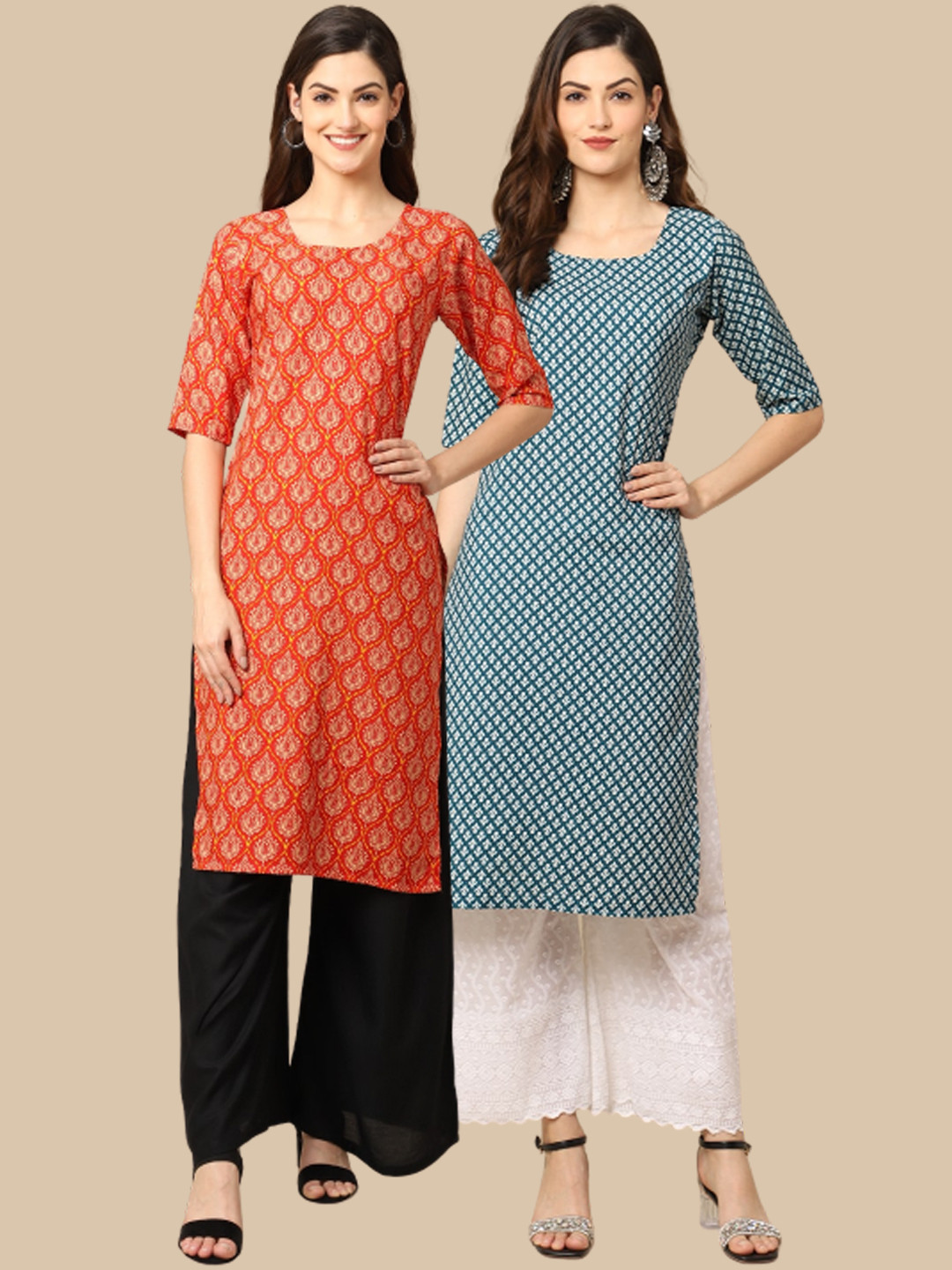 

Ethnic basket Women Blue & Orange Geometric Printed Block Print Crepe Kurta Pack of 2