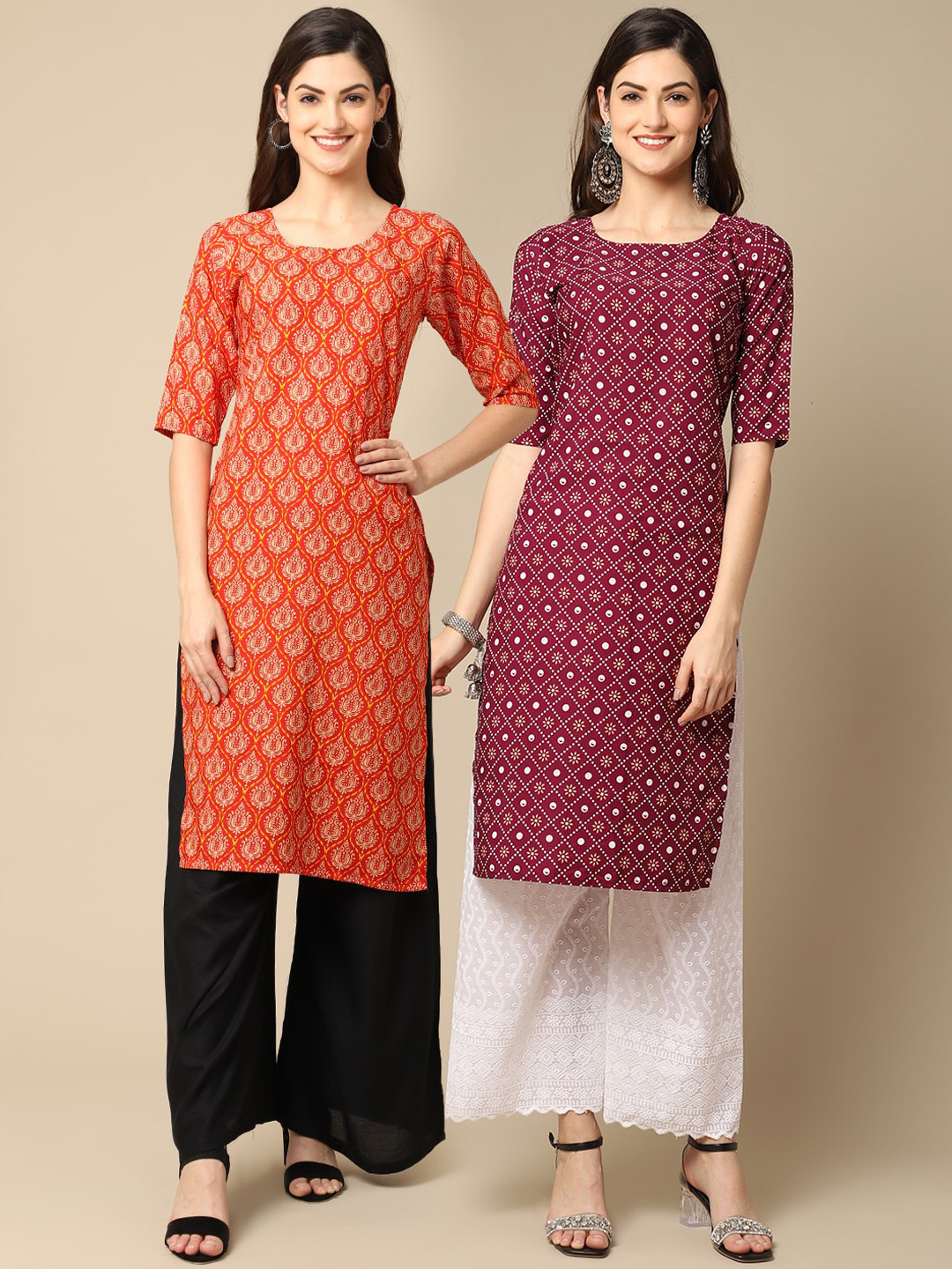 

Ethnic basket Women Pack Of 2 Orange & Maroon Ethnic Motifs Printed Crepe Kurtas