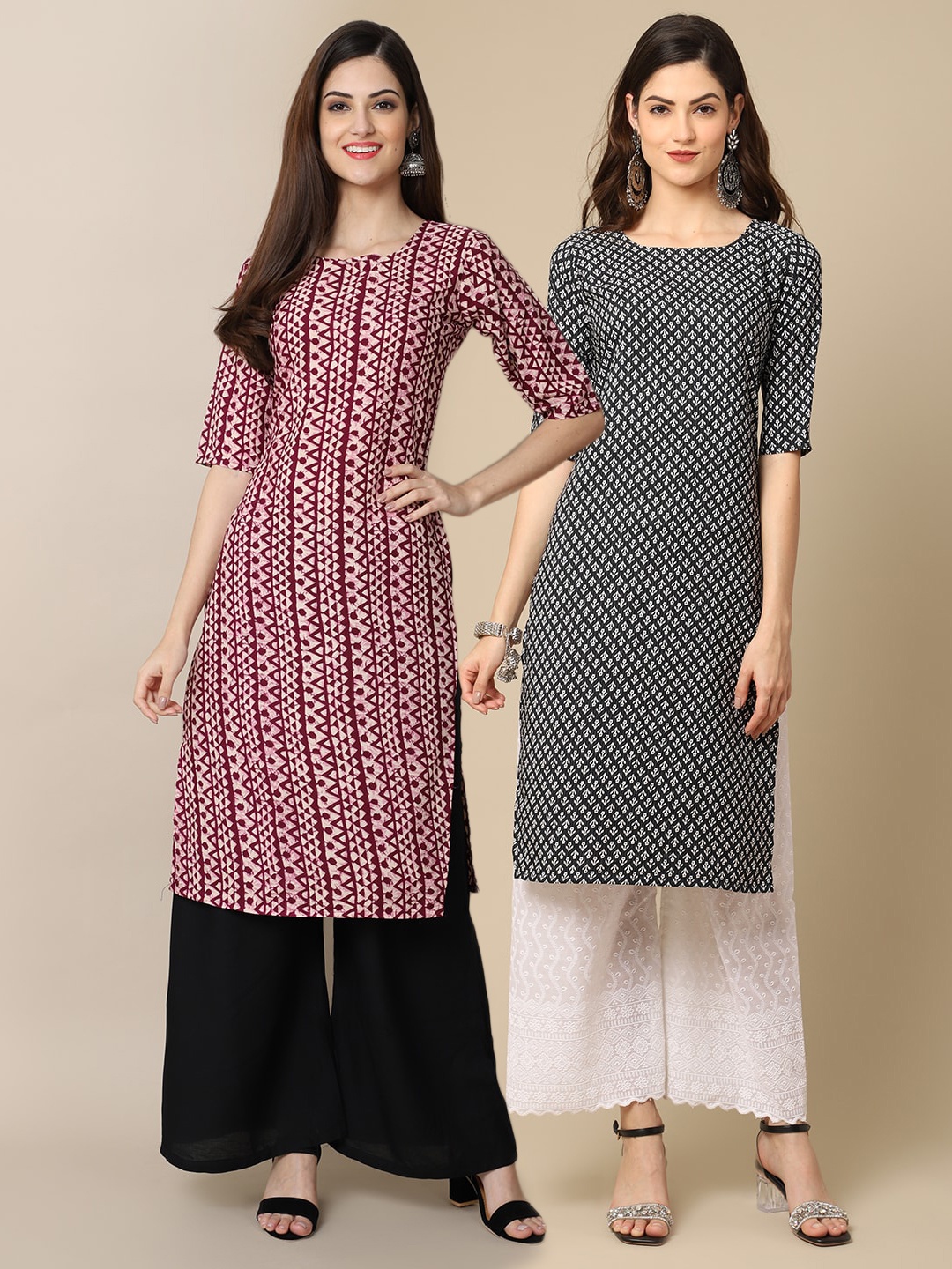 

Ethnic basket Women Pack Of 2 Maroon & Black Ethnic Motifs Printed Crepe Kurtas