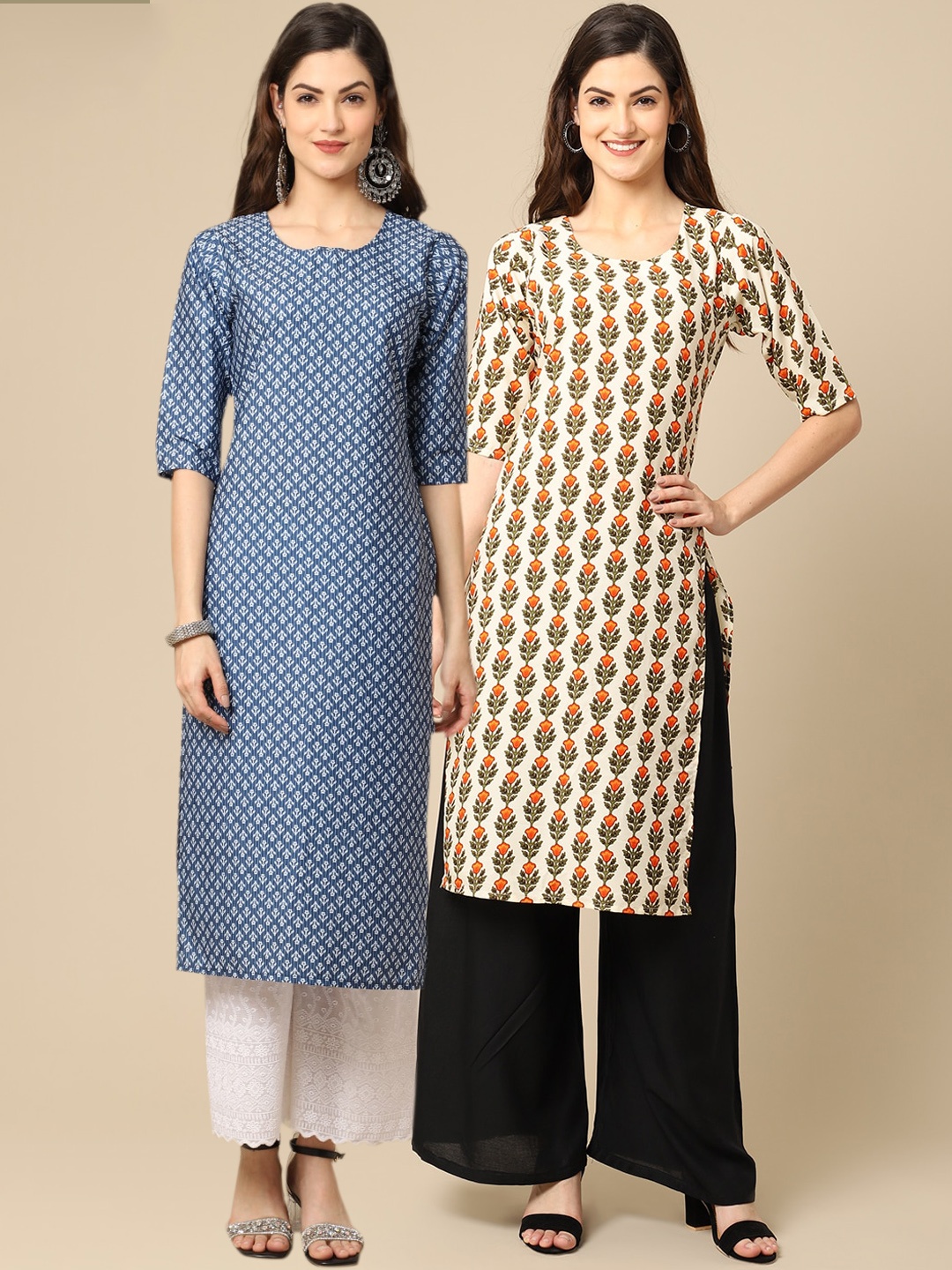 

Ethnic basket Women Blue & Beige Floral Printed Block Print Crepe Kurta
