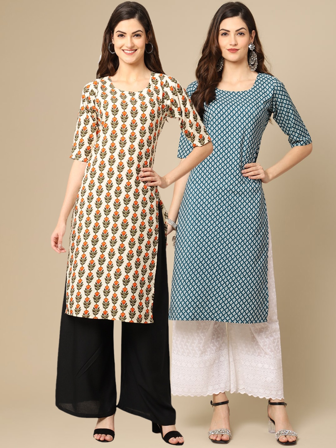 

Ethnic basket Women Blue & Cream Geometric Printed Block Print Crepe Kurta Pack of 2