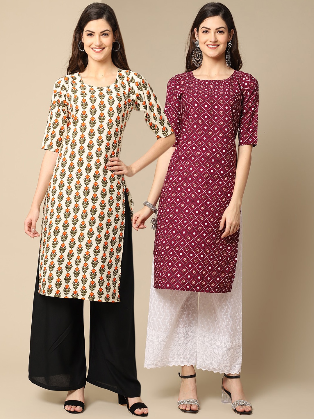 Ethnic basket Women Maroon & Cream Geometric Printed Block Print Crepe Kurta Pack of 2