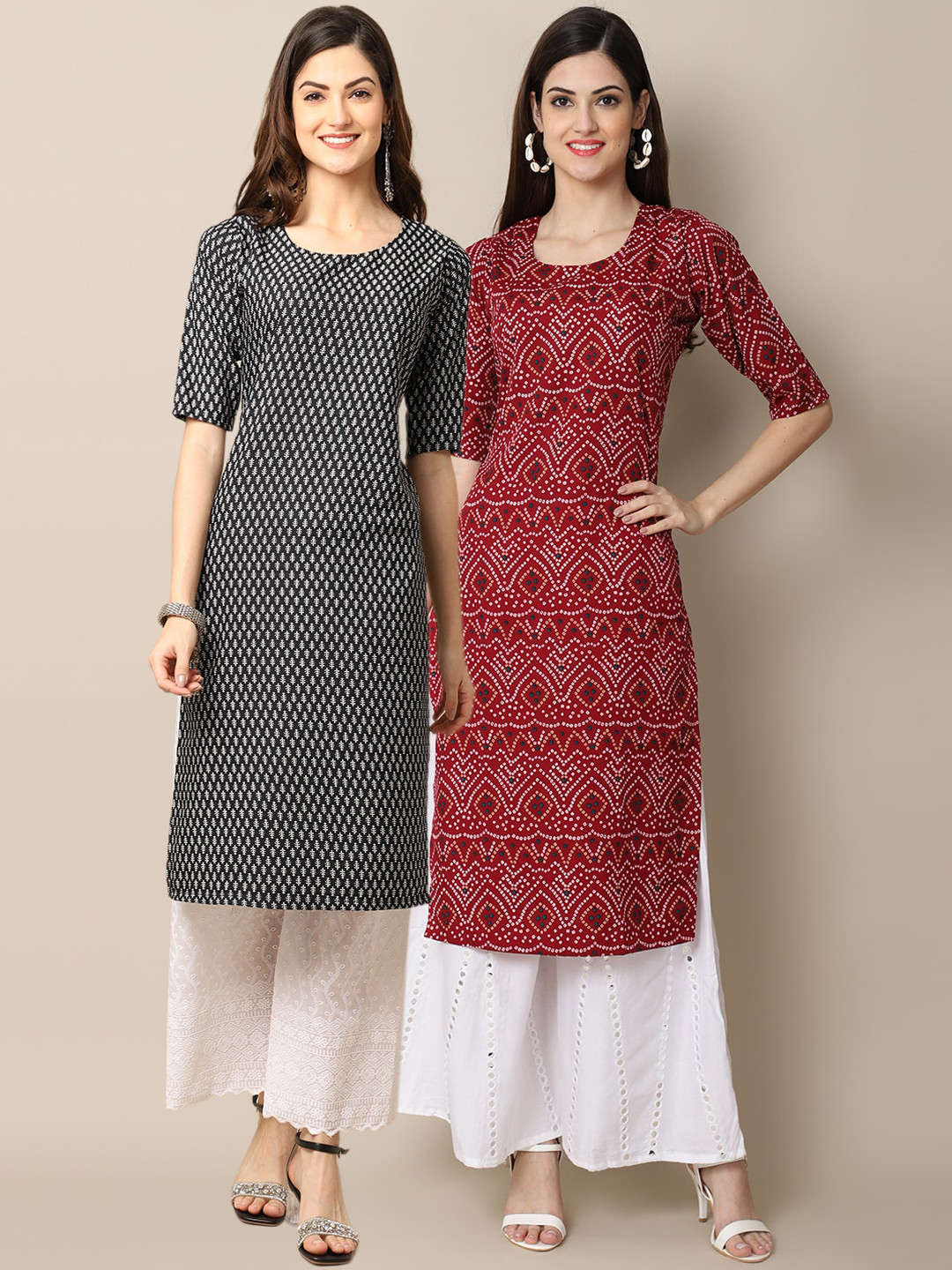 

Ethnic basket Women Black & Maroon Geometric Printed Block Print Crepe Kurta Pack of 2