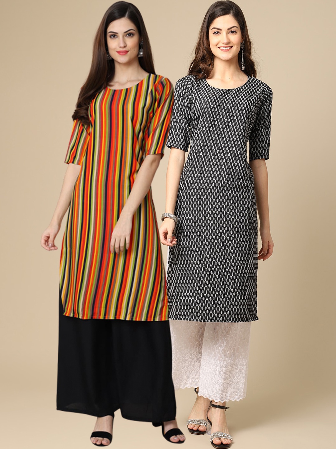 

Ethnic basket Women Orange & Black Geometric Printed Block Print Crepe Kurta Pack of 2