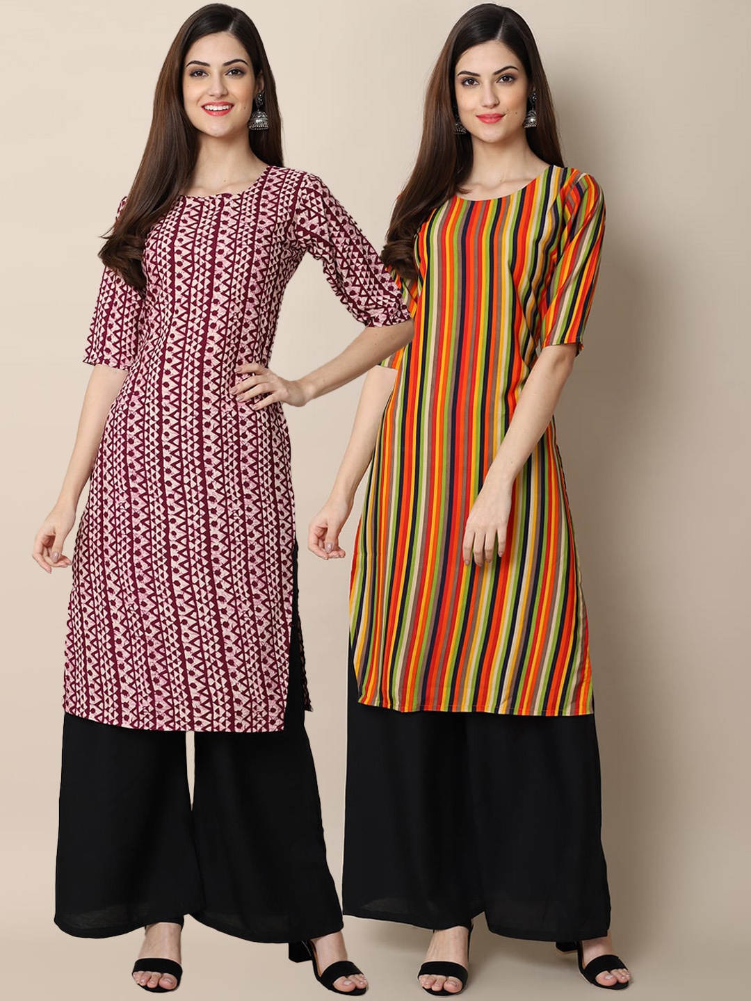 

Ethnic basket Women Maroon & Yellow Pack of 2 Geometric Printed Crepe Kurtas