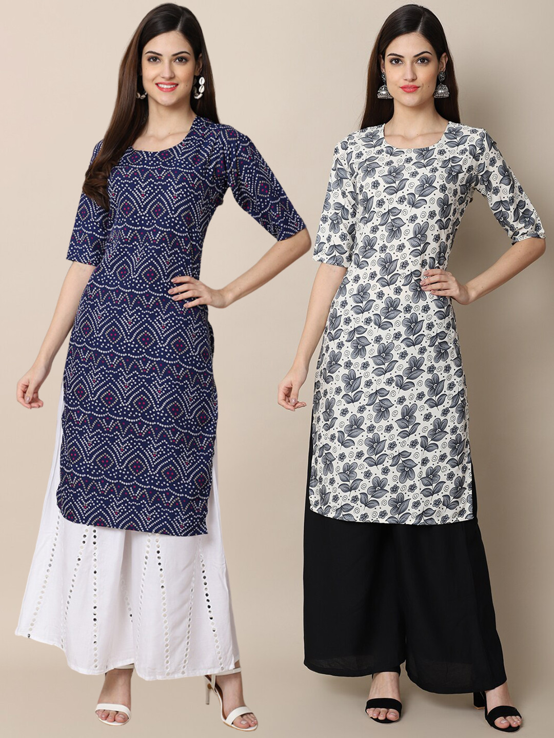

Ethnic basket Pack Of 2 Women Navy Blue & Grey Floral Printed Crepe Kurta
