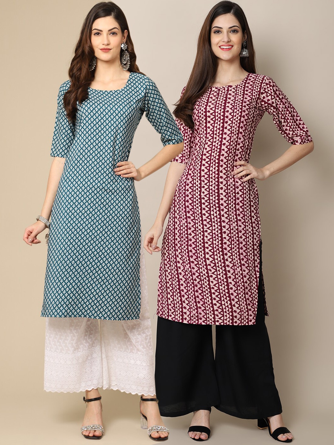 

Ethnic basket Women Blue & Burgundy Ethnic Motifs Printed Crepe Kurta