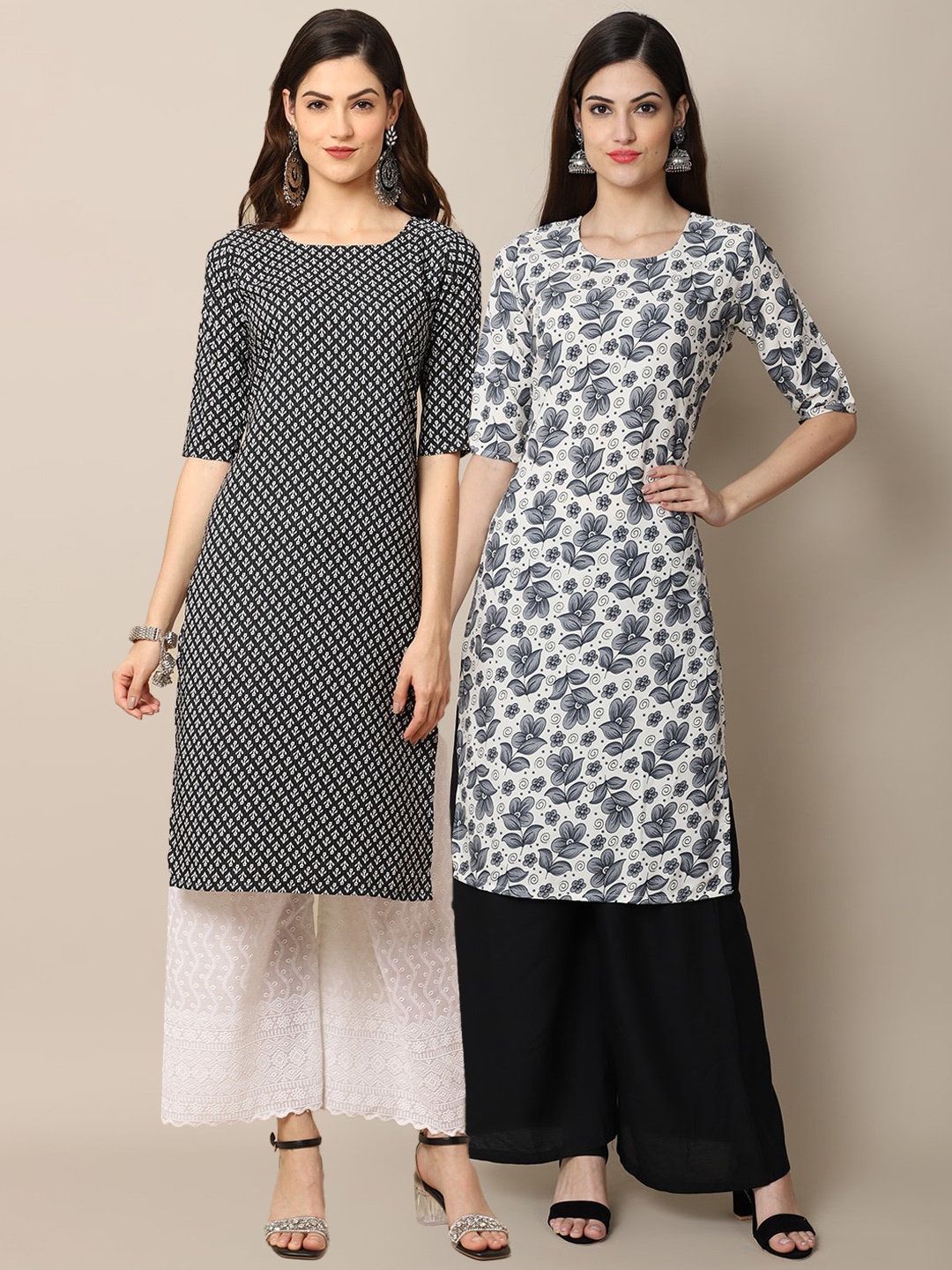 

Ethnic basket Pack Of 2 Women Grey & Black Floral Printed Crepe Kurta