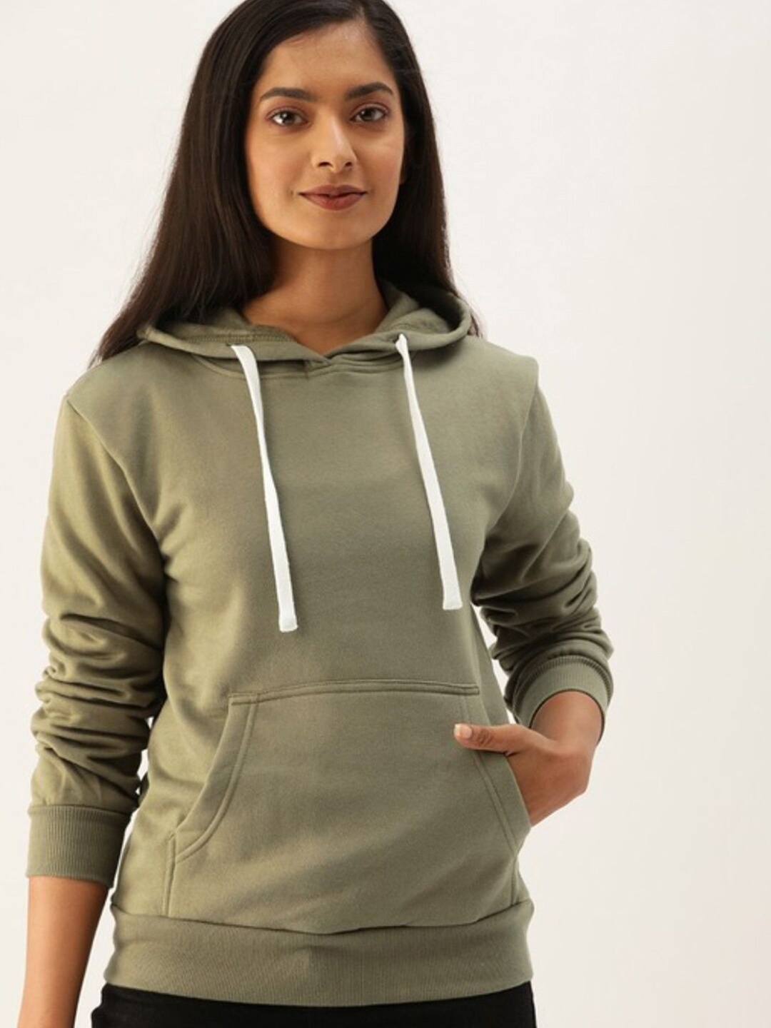 

Campus Sutra Women Olive Green Hooded Sweatshirt