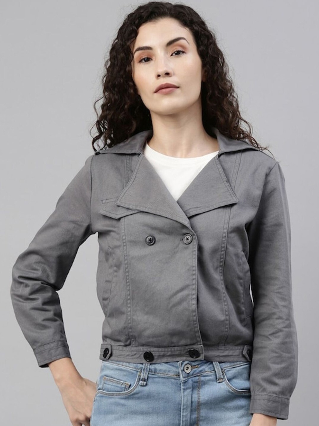 

Campus Sutra Women Grey Windcheater Crop Cotton Denim Jacket