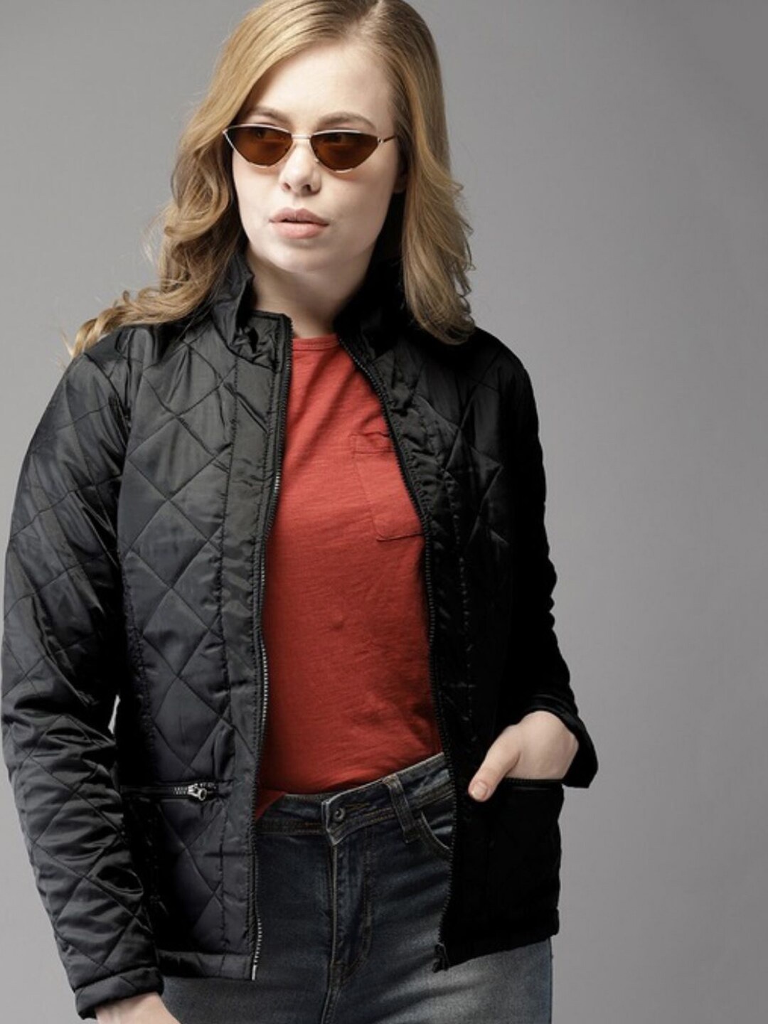 

Campus Sutra Women Black Windcheater Quilted Jacket