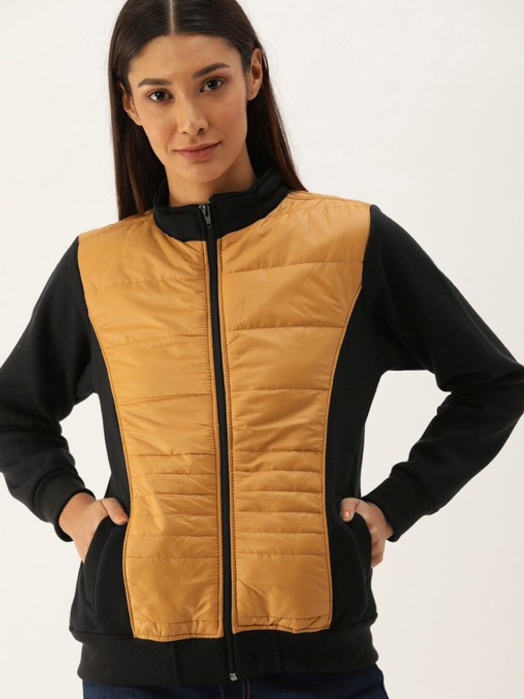 

Campus Sutra Women Black Mustard Colourblocked Windcheater Puffer Jacket