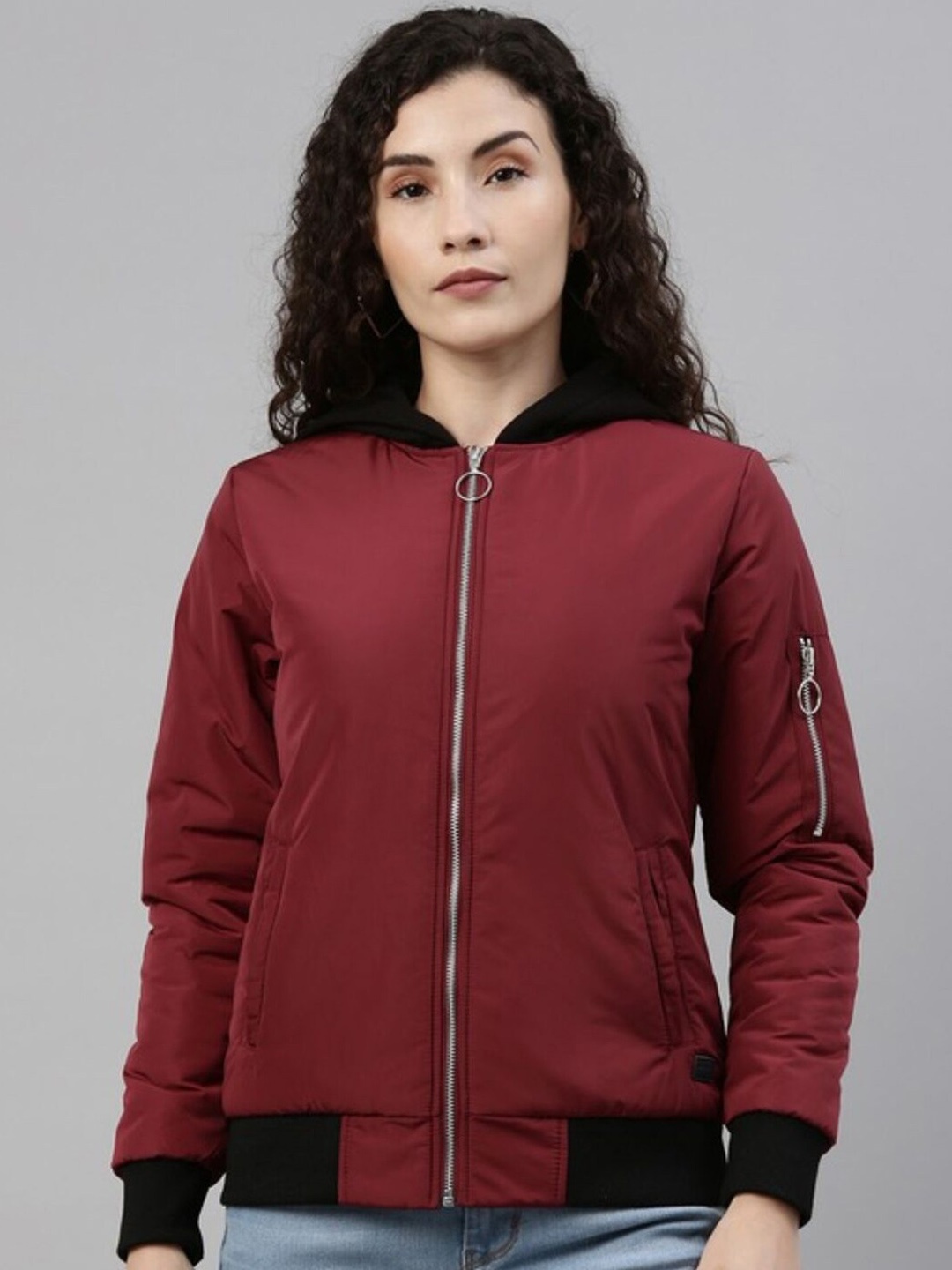 

Campus Sutra Women Maroon Windcheater Bomber Jacket