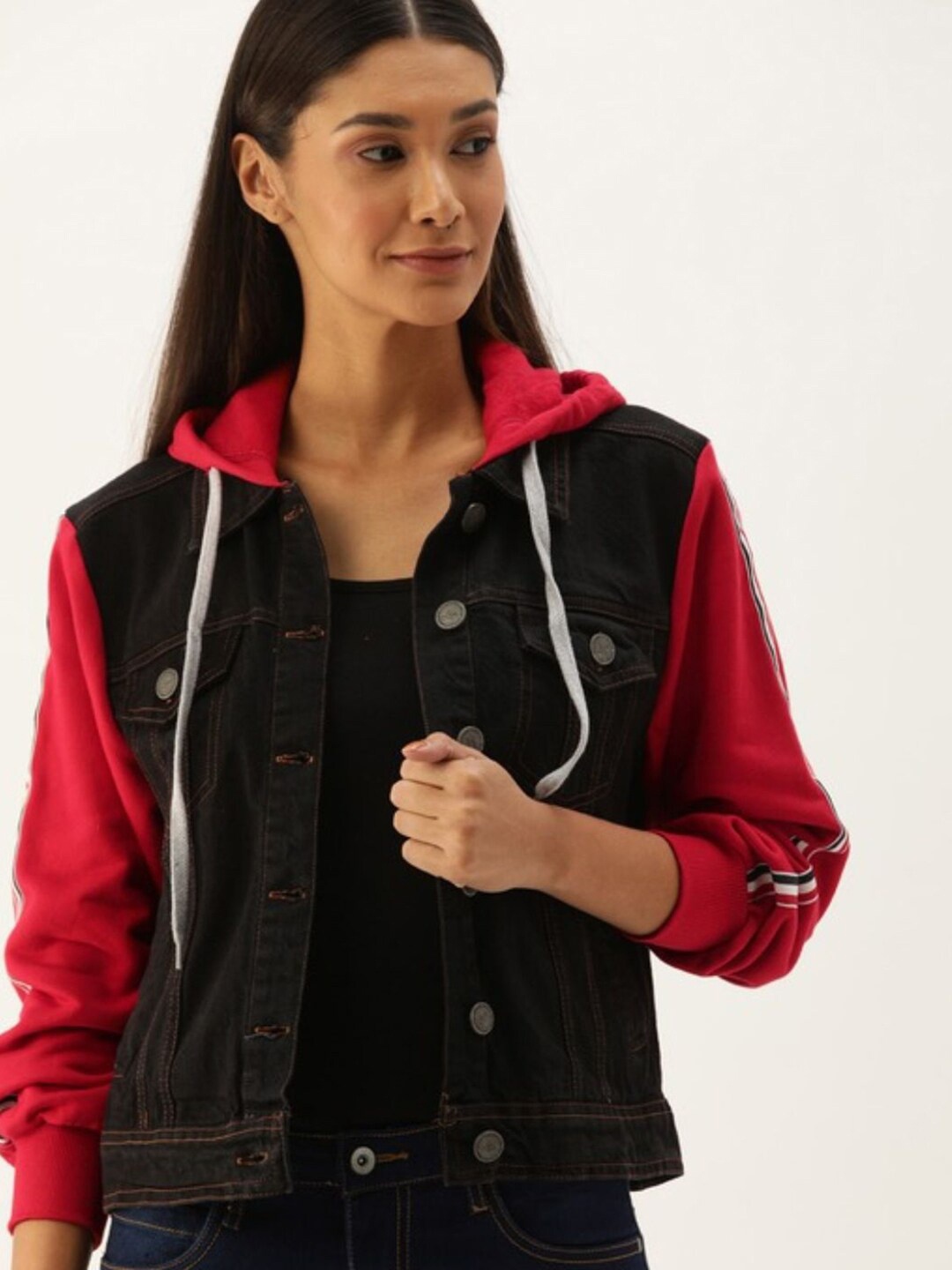 

Campus Sutra Women Black Red Colourblocked Windcheater Cotton Denim Jacket