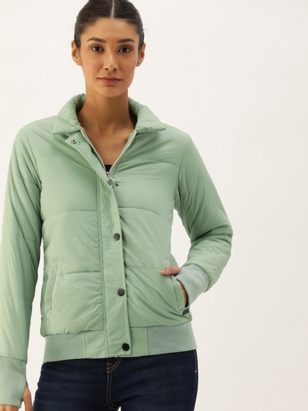 

Campus Sutra Women Green Windcheater Bomber Jacket