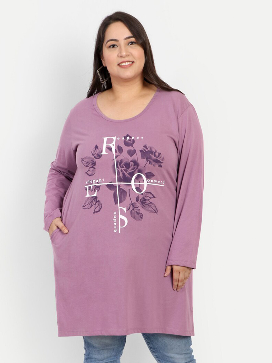 

CUPID Women Plus Size Printed Full Sleeves Long Top, Lavender