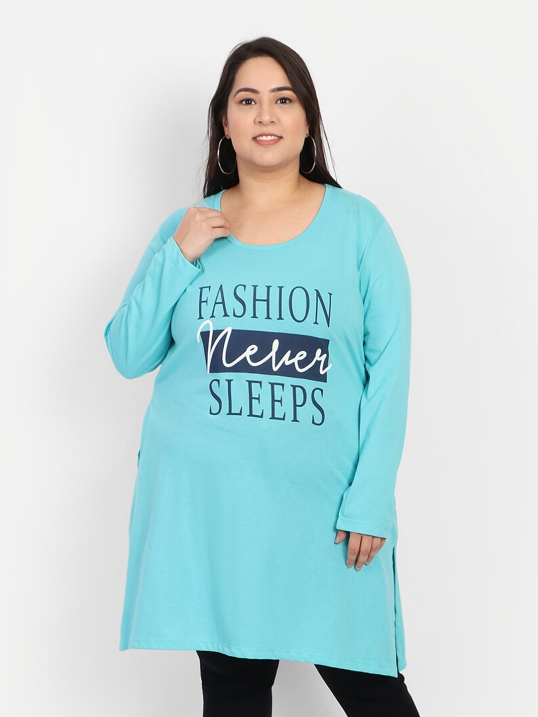 

CUPID Women Turquoise Blue Typography Printed Longline Top