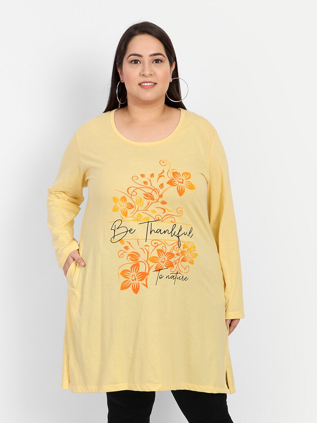 

CUPID Yellow Plus Size Floral Printed Longline Top