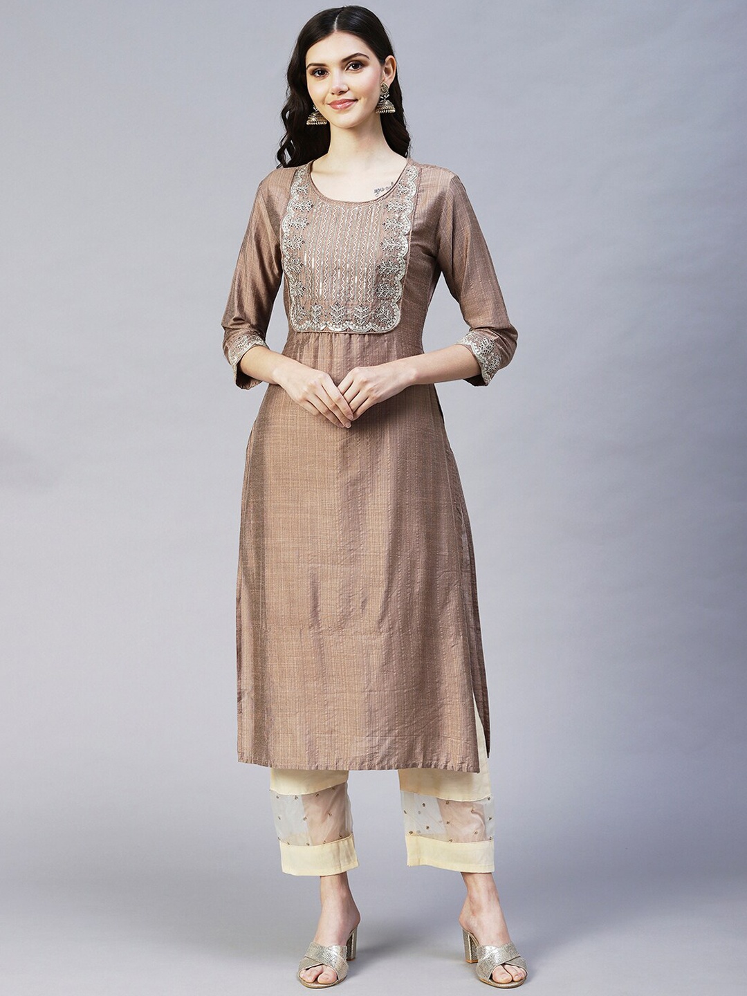 

FASHOR Women Brown Ethnic Motifs Yoke Design Kurta