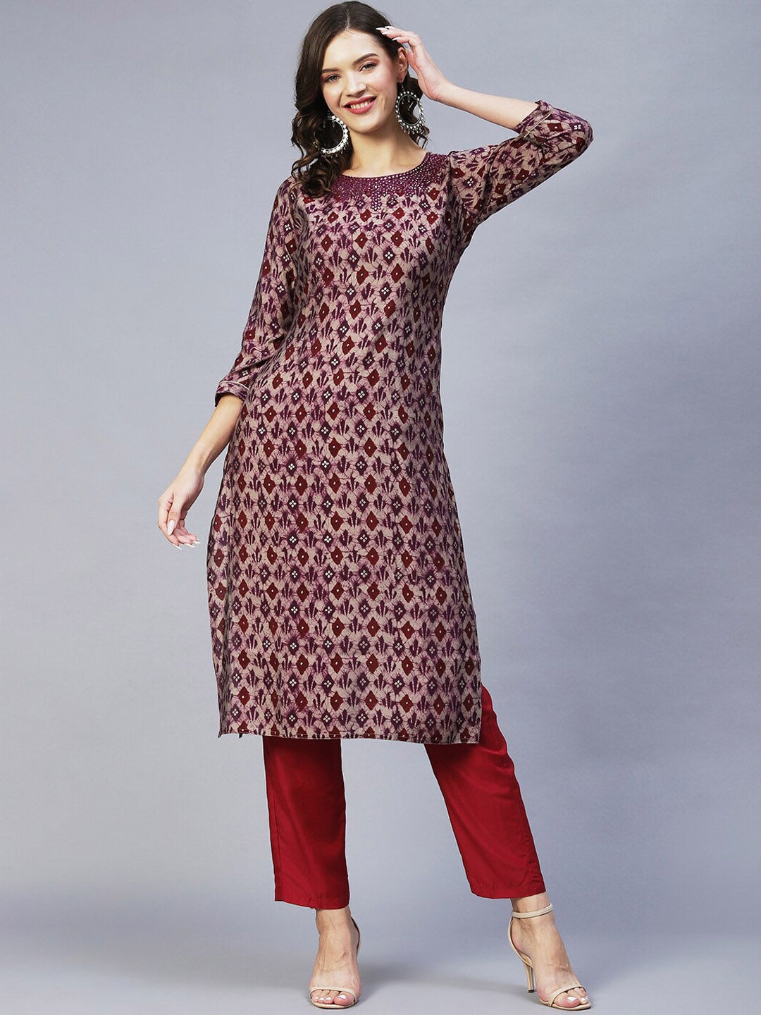 

FASHOR Women Purple Printed Thread Work Kurta