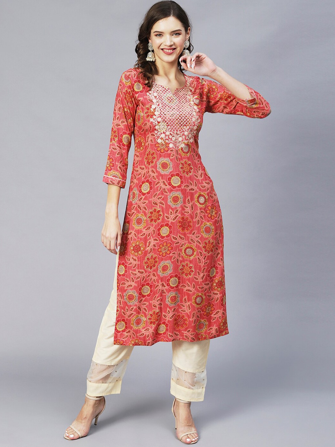 

FASHOR Women Pink Ethnic Motifs Printed Thread Work Kurta