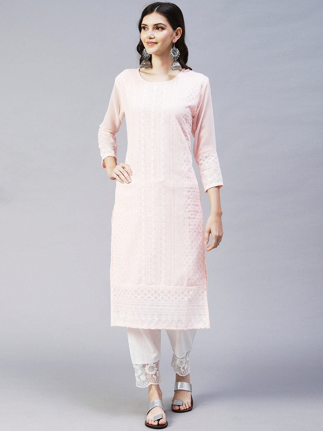 

FASHOR Women Peach-Coloured Floral Embroidered Chikankari Georgette Kurta