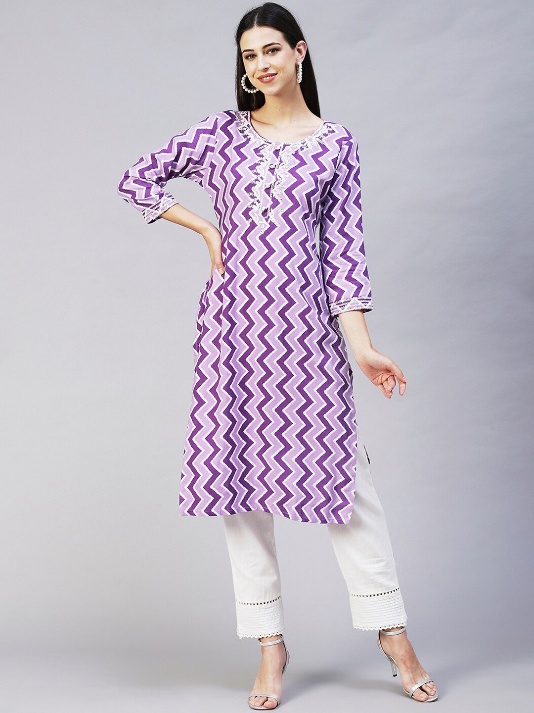 

FASHOR Women Purple Chevron Printed Kurta