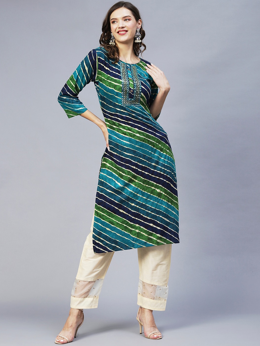 

FASHOR Women Blue & Green Striped Kurta
