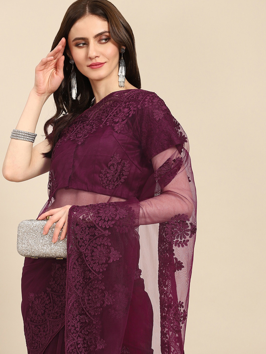 

Readiprint Fashions Violet Floral Embroidered Net Saree