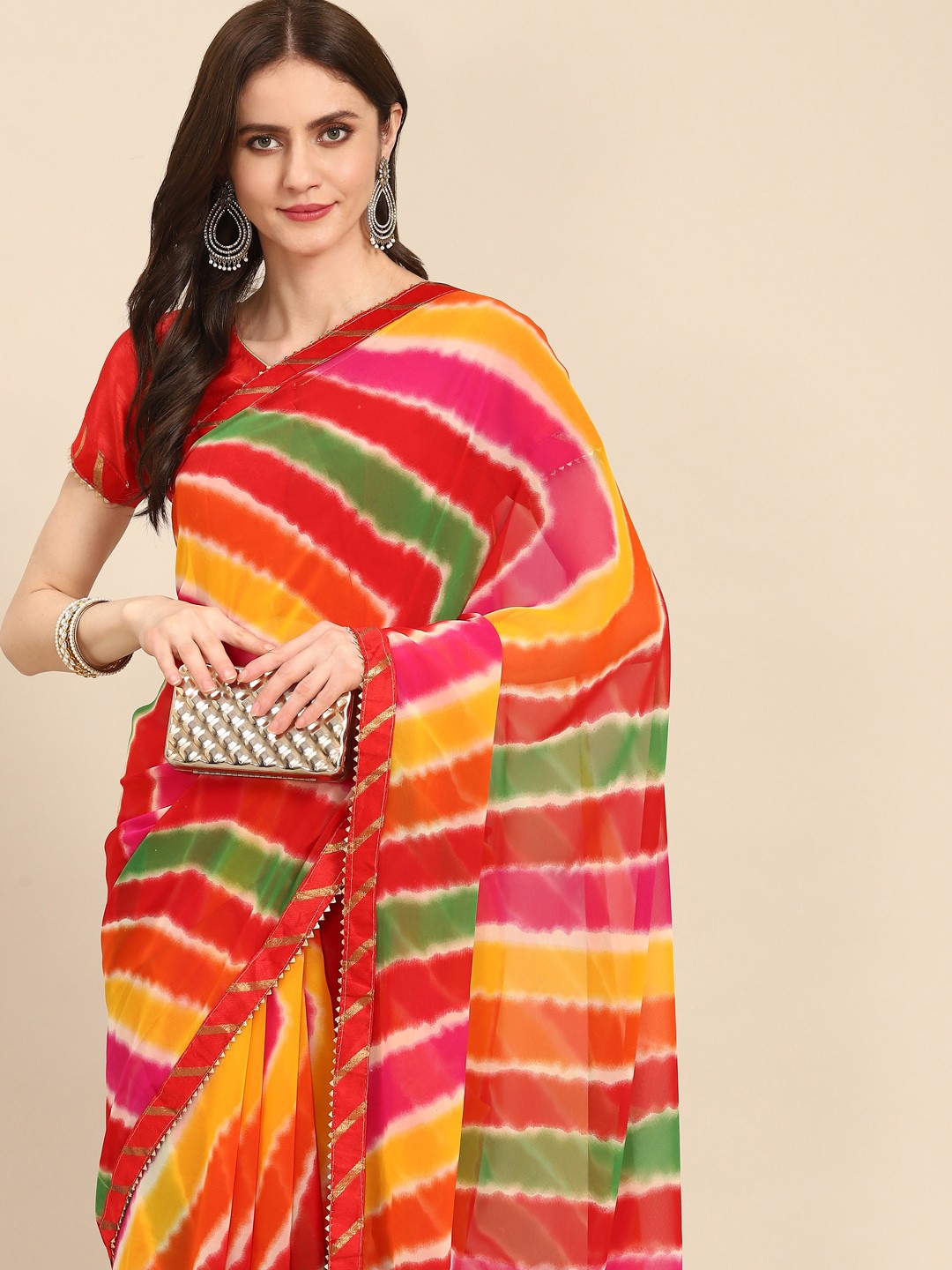 

Readiprint Fashions Multicoloured Poly Georgette Leheriya Saree, Red