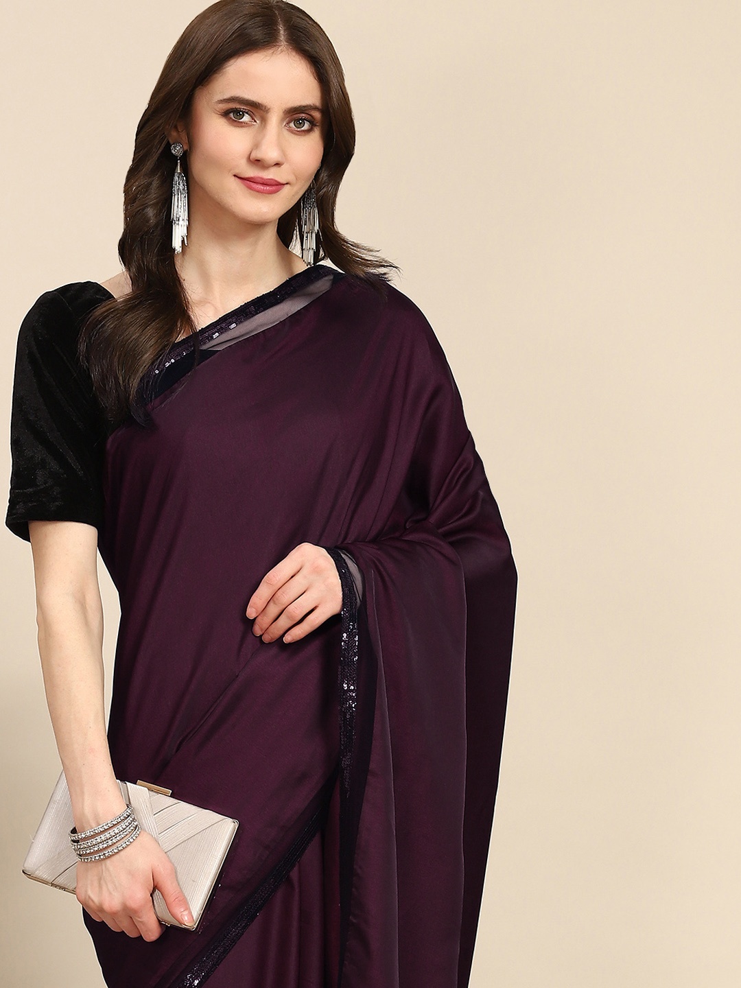 

Readiprint Fashions Burgundy & Black Sequinned Art Silk Saree