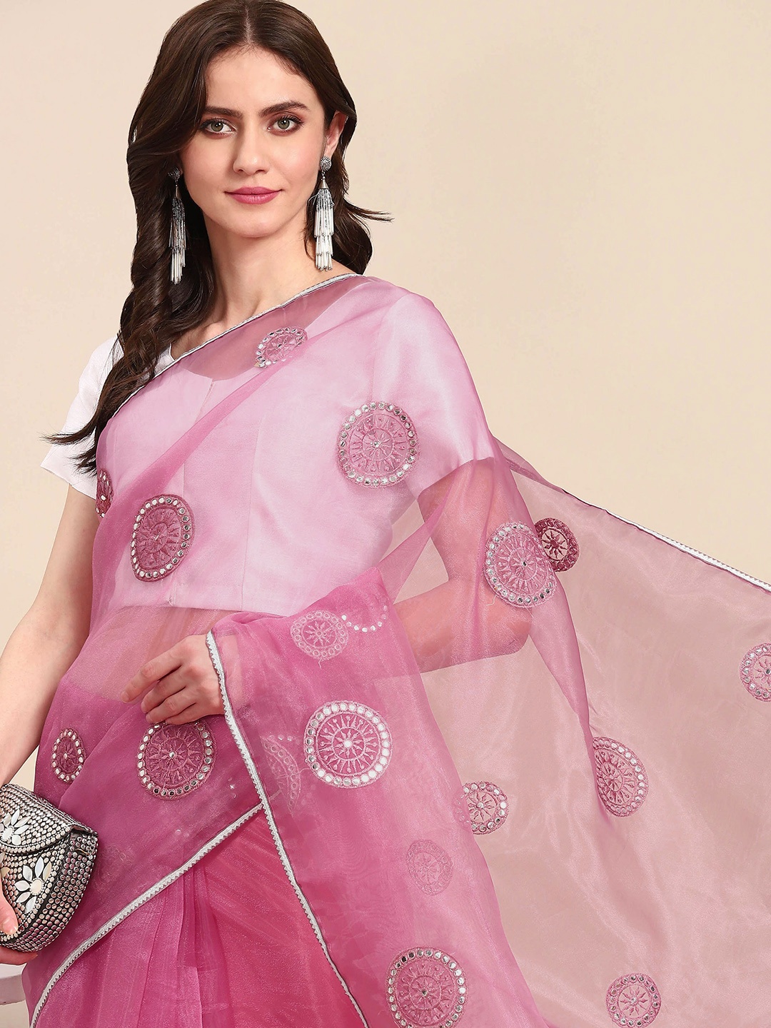 

Readiprint Fashions Mauve & White Mirror Work Organza Saree