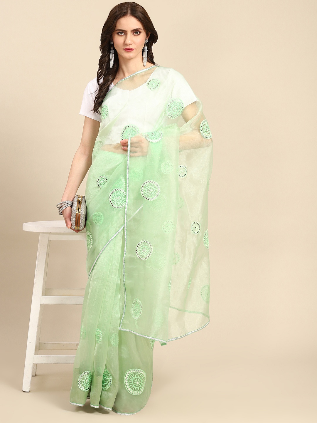 

Readiprint Fashions Green & White Mirror Work Embroidered Organza Saree