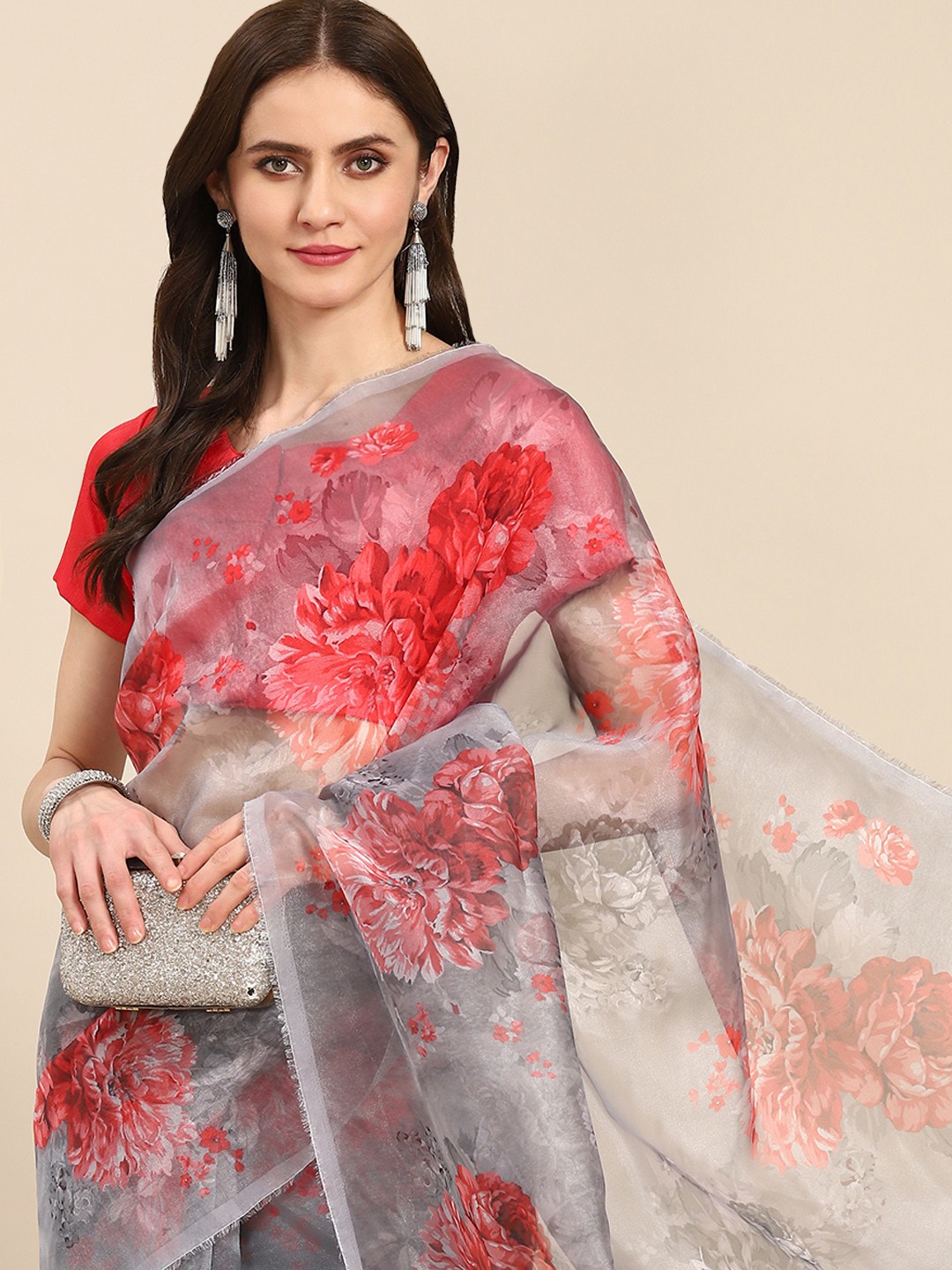 

Readiprint Fashions Grey & Red Floral Organza Saree