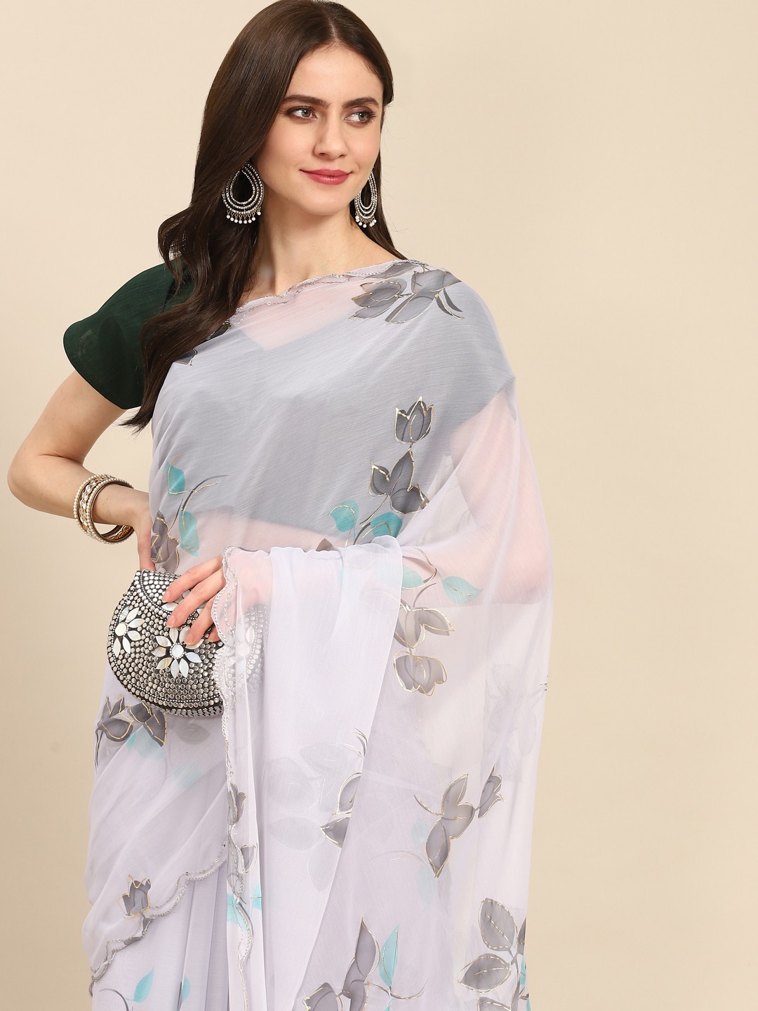 

Readiprint Fashions Grey & Blue Floral Poly Chiffon Saree