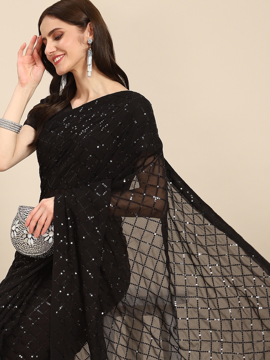 

Readiprint Fashions Black Checked Sequinned Georgette Saree