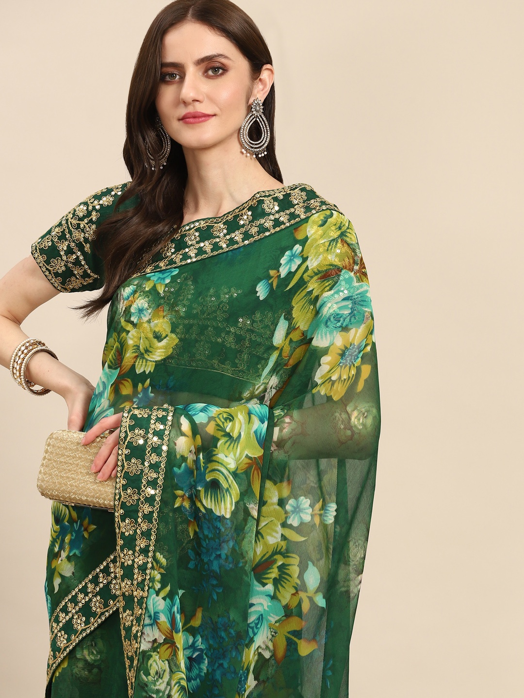 

Readiprint Fashions Green & Lime Green Floral Sequinned Embroidered Saree