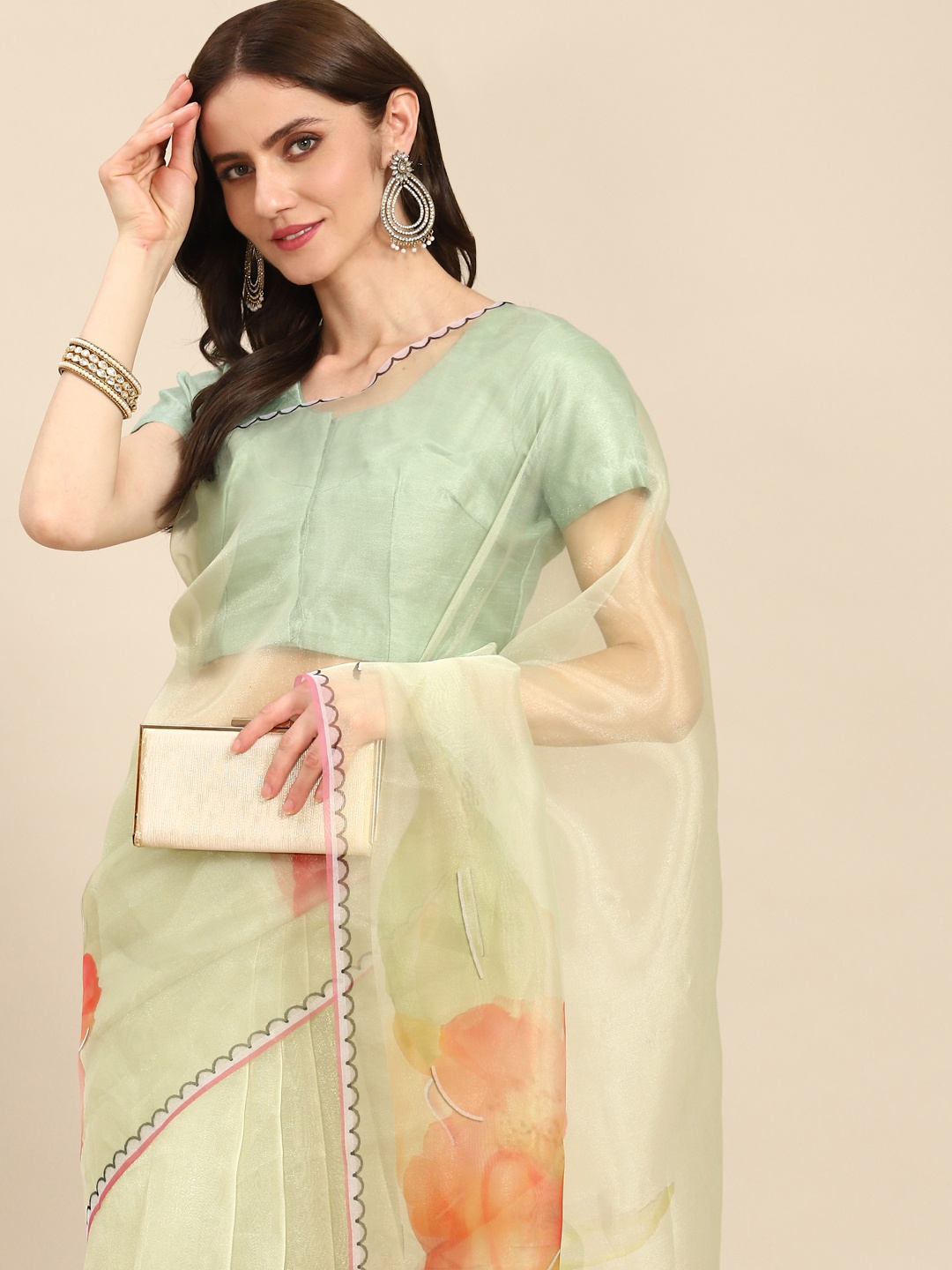 

Readiprint Fashions Green & Pink Floral Organza Saree