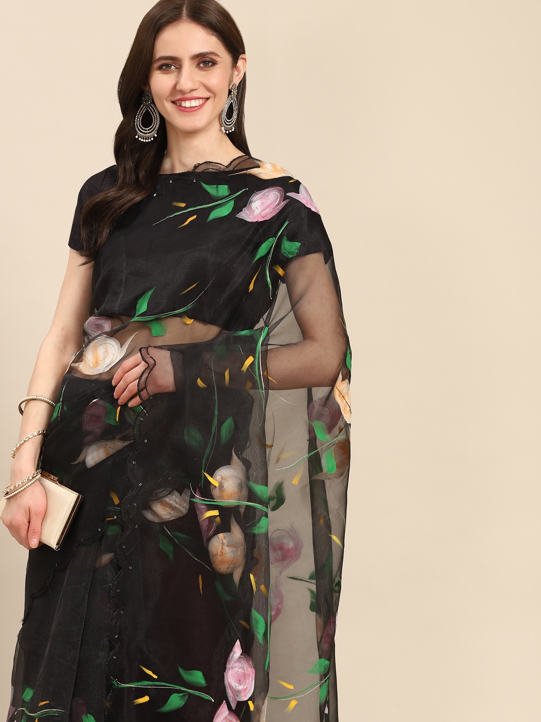 

Readiprint Fashions Black & Pink Floral Organza Saree