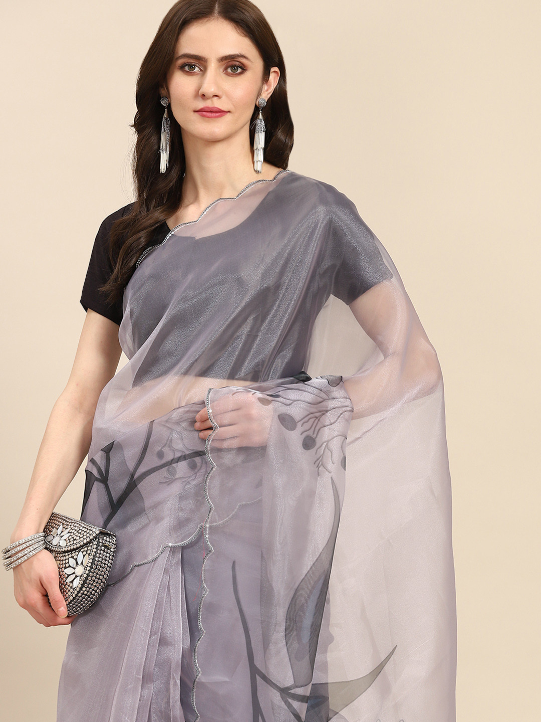 

Readiprint Fashions Grey Floral Organza Fusion Saree