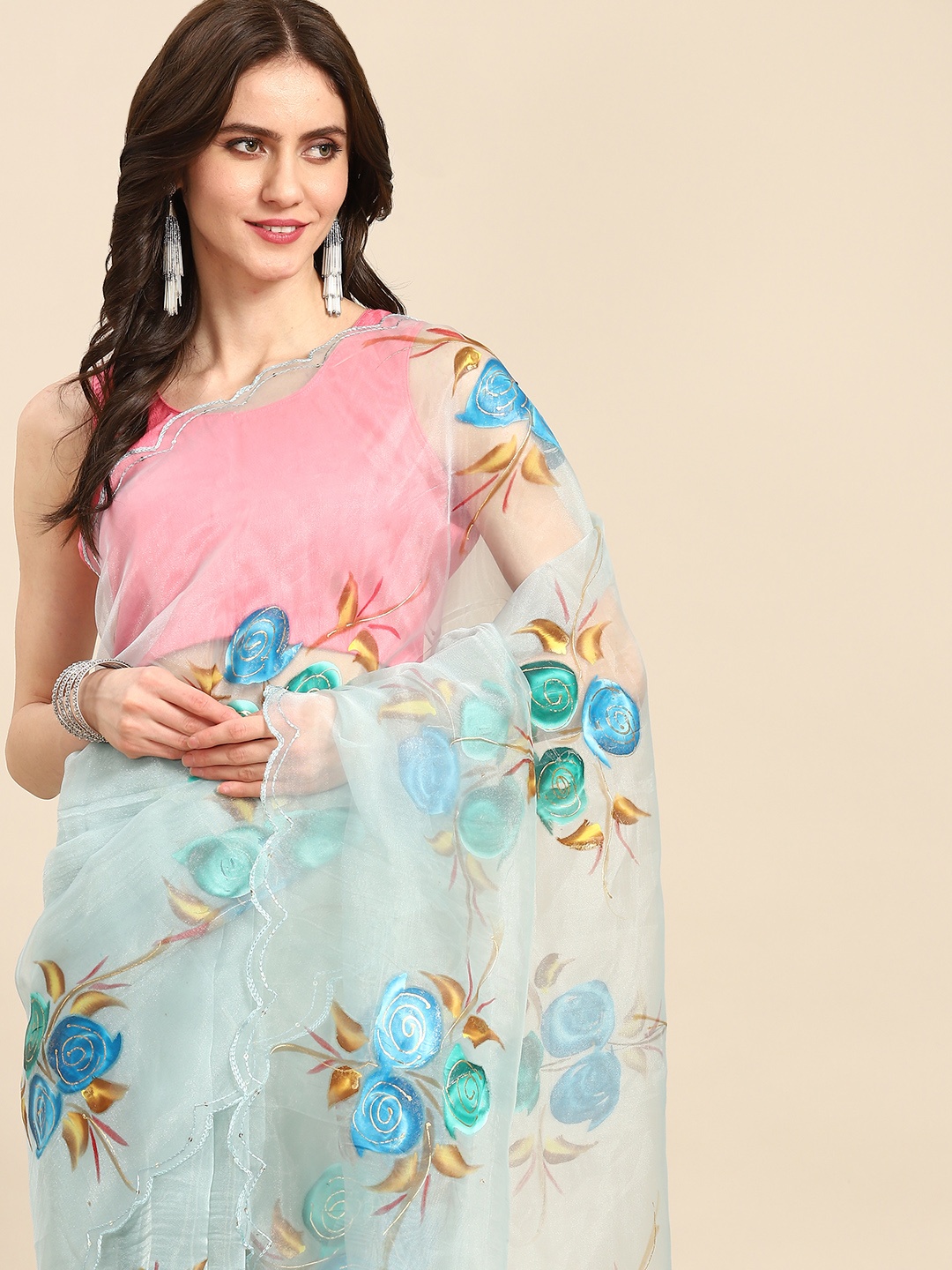 

Readiprint Fashions Blue Floral Organza Fusion Saree