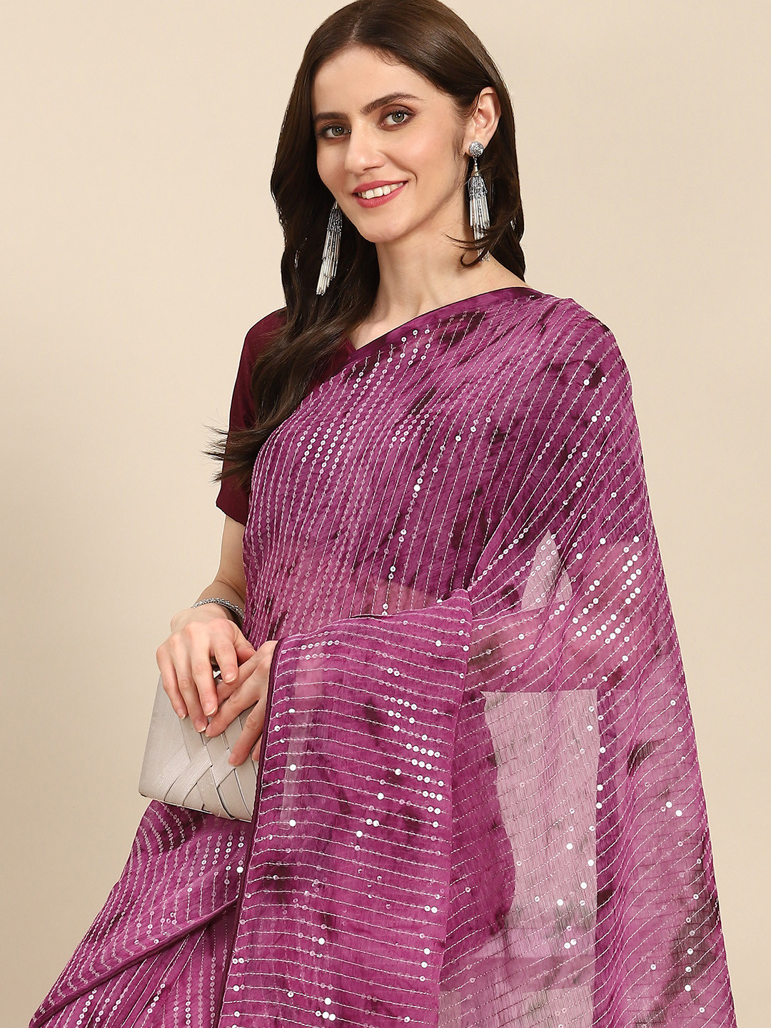 

Readiprint Fashions Purple Embellished Sequinned Fusion Saree