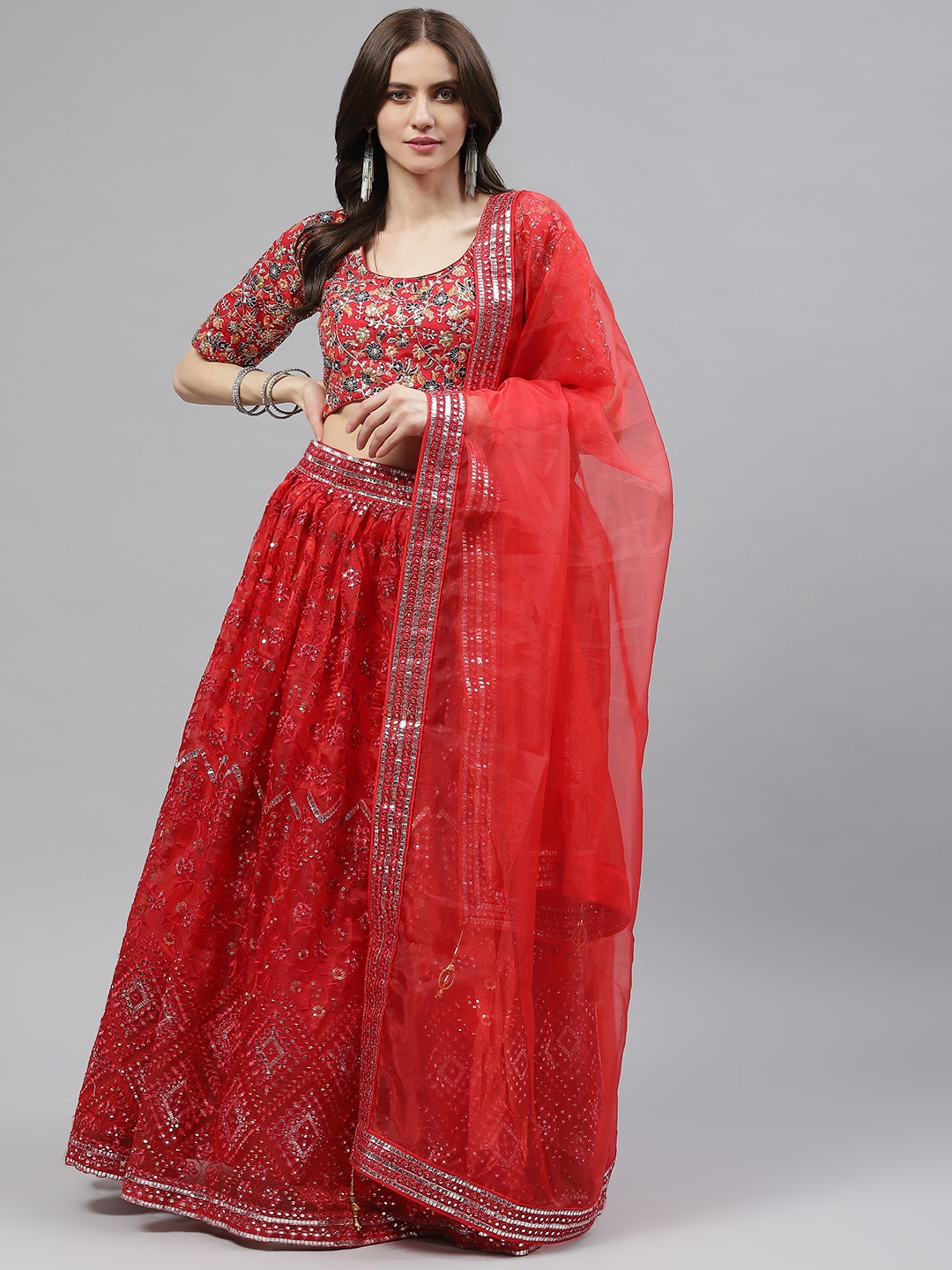 

Readiprint Fashions Red Embroidered Mirror Work Unstitched Lehenga & Blouse With Dupatta