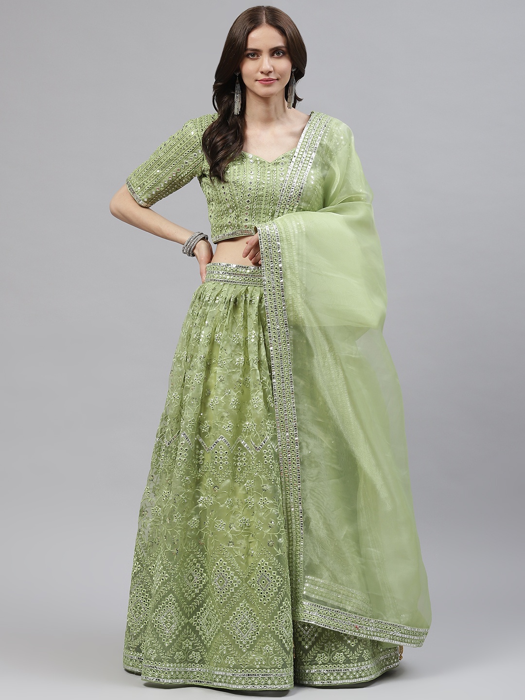 

Readiprint Fashions Green Embroidered Mirror Work Unstitched Lehenga & Blouse With Dupatta