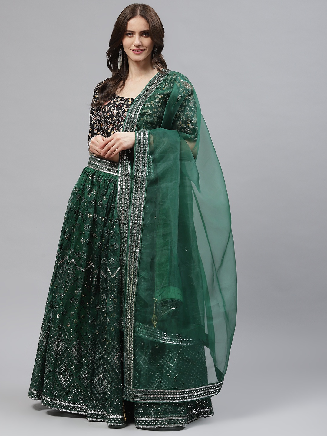 

Readiprint Fashions Green Embroidered Mirror Work Unstitched Lehenga & Blouse With Dupatta